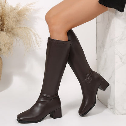 Winter Women Knee High Boots Cosy Soft Leather Thick Heel Shoes Female Vintage Slim Long Booties Zapatos De Muje
