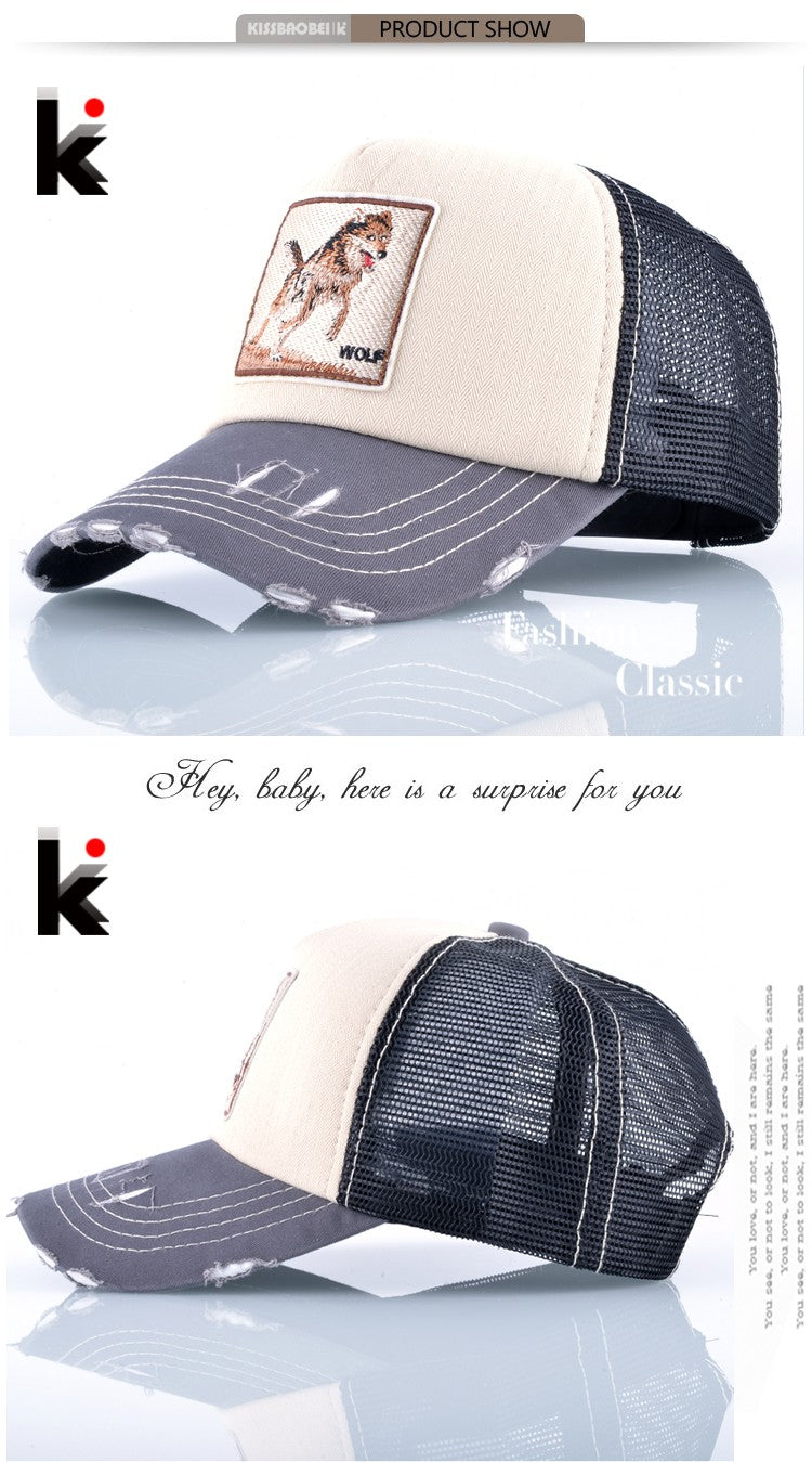 Boné Unissex Fashion com Bordado de Lobo e Ossos Hip Hop Chapéus de Beisebol de Malha Respirável Masculino Feminino Casquette Boné de Caminhoneiro de Verão Gorras