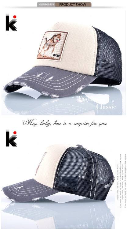 Boné Unissex Fashion com Bordado de Lobo e Ossos Hip Hop Chapéus de Beisebol de Malha Respirável Masculino Feminino Casquette Boné de Caminhoneiro de Verão Gorras