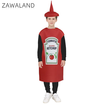 Zawaland Red Tomato Delicious Ketchup Costume Adult Boy Girl Funny Disguise Suit Yellow Mustard Halloween Cosplay Party Clothes