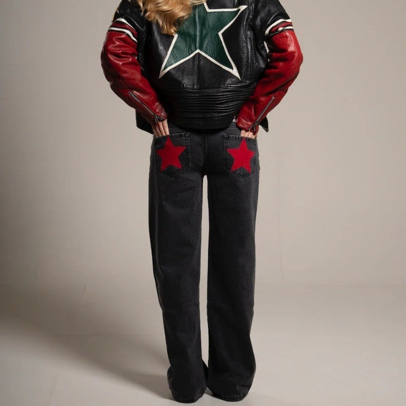 Y2K Women's Straight Leg Jeans Personalized Lucky Star Texture Retro Baggy Jeans Stylish High Street Willow Nail Low Waist Jeans