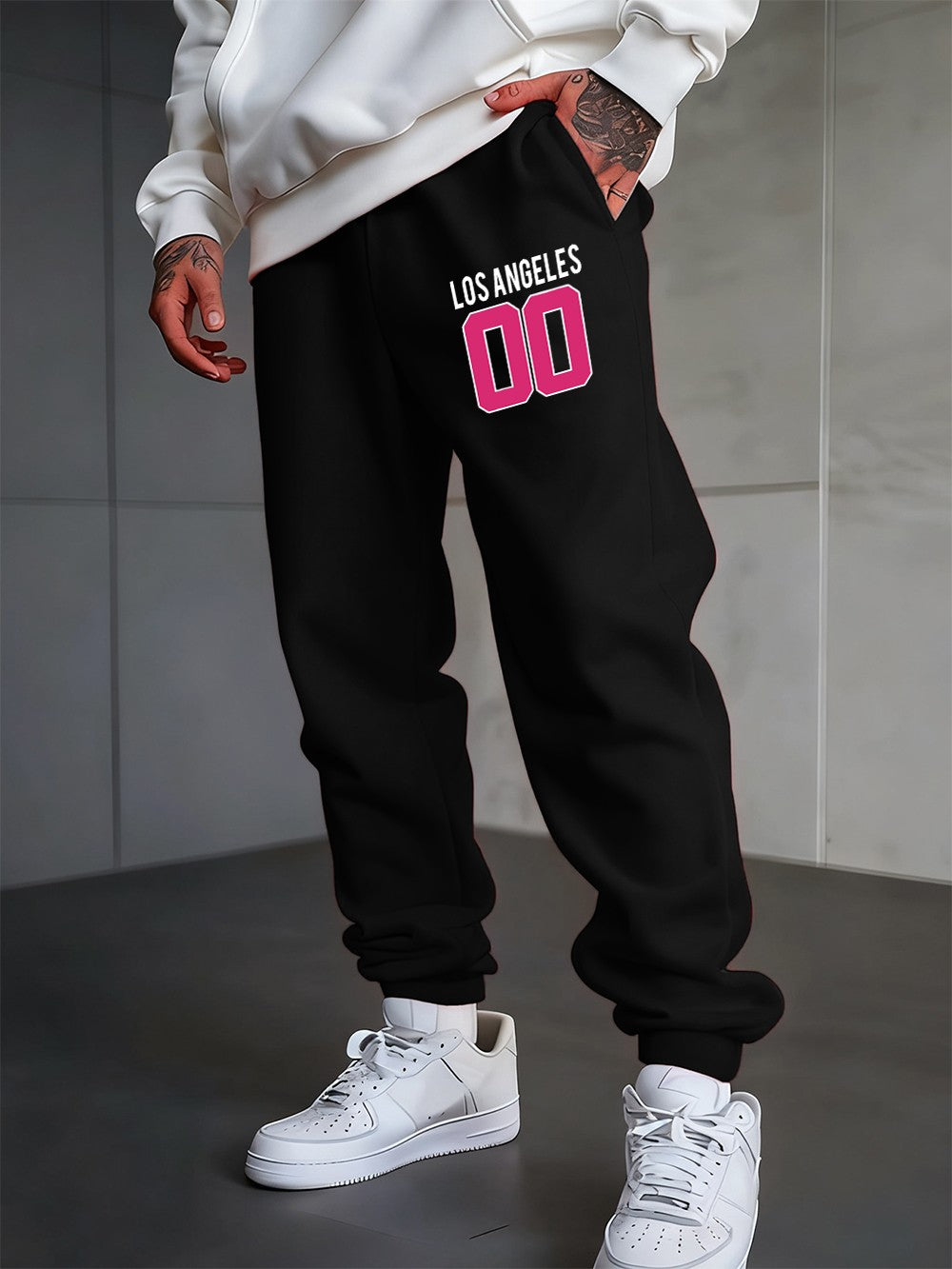 Los Angeles 00 Calça Moletom Estampada Masculina Outono Jogger Calça de Moletom Quente Elástico na Cintura Calça de Moletom Básica com Bolso Roupa Masculina