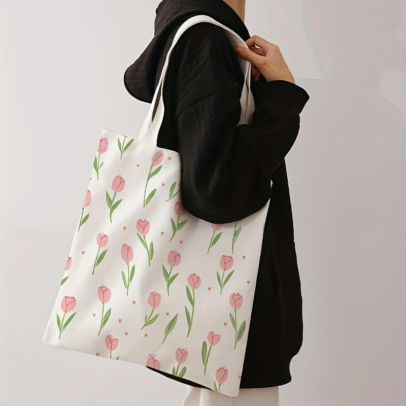Floral Letter Pattern Printed Tote Bag Fashionable Reusable Shoulder Bag Polyester Handbag Lightweight Casual Shopper Bag