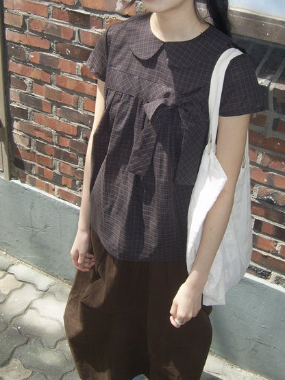 Vintage Plaid Shirts Women Japanese Harajuku Bow Peter Pan Collar Blouses Summer Korean Aesthetic Short Sleeve Casual Tops New