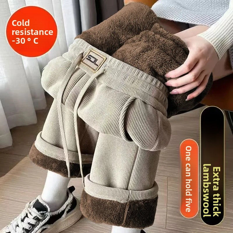 Thickened Fleece Lamb Velvet Large Size Corduroy Wide Leg Casual Straight Leg Pants Women Autumn Winter Special Thick Shiny Casu