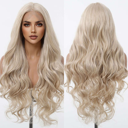 HENRY MARGU Peruca Frontal Lisa Ondulada Marrom Mista Longa Peruca Sintética Natural Ondulada 13x4 Frontal de Renda Cabelo Falso para Mulheres Raiz Escura