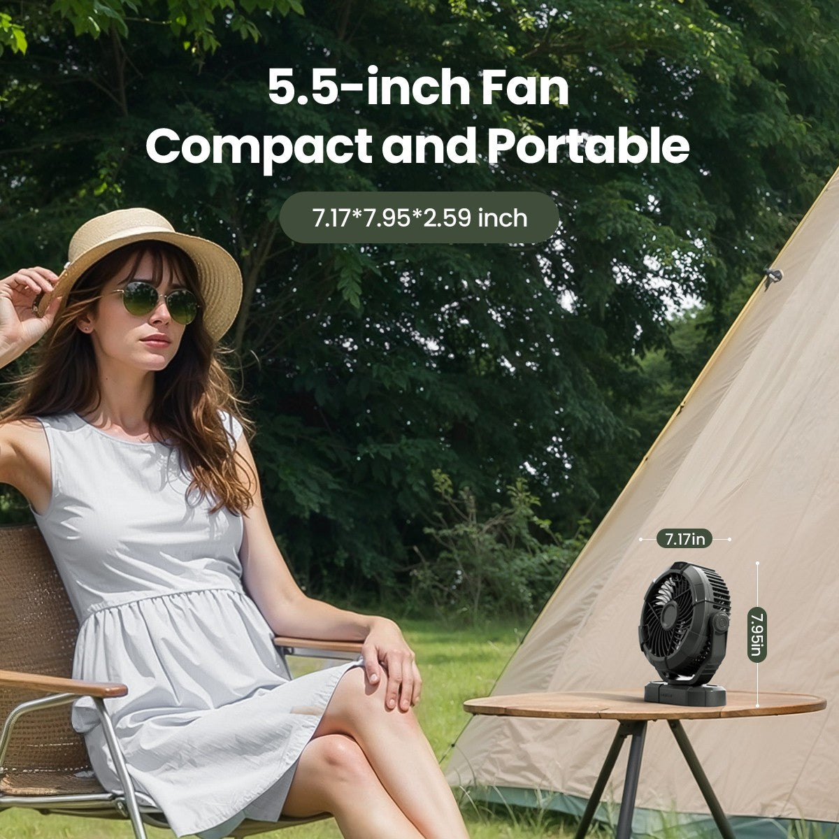 Portable Camping Fan with LED Lantern, 4000mAh 7-Inch Rechargeable Outdoor Tent Fan, 360° Head Rotation, 3 Speed and Quiet Batte
