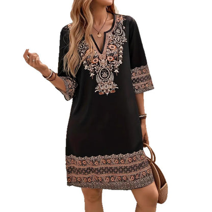 Women's Clothes Casual print Short Sleeve V-Neck Waist Cinched Dress summer vintage New Female Fashion Loose Mini Dresses 2025