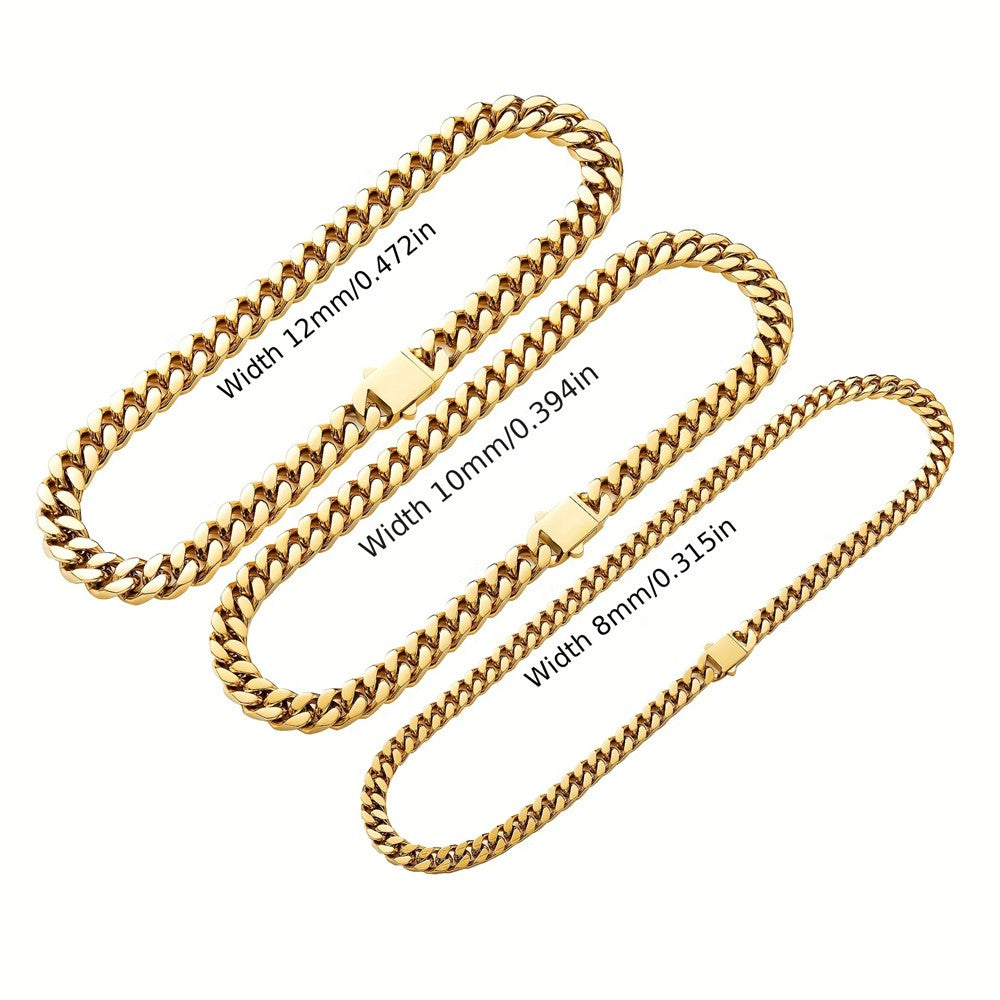 Pulseira Acessório Masculina de Aço Inoxidável 316 Banhada a Ouro 18k, Corrente Cubana Criptografada de 8, 10, 12mm, Estilo Miami Rap Hip Hop
