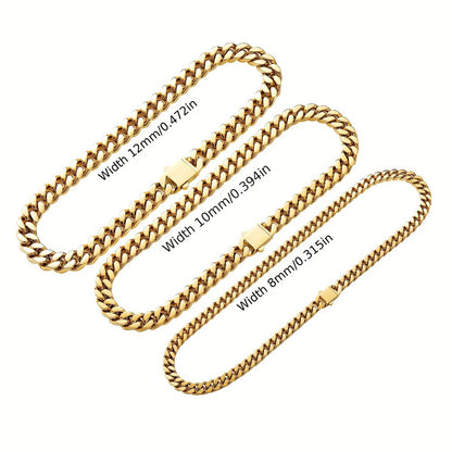 Pulseira Acessório Masculina de Aço Inoxidável 316 Banhada a Ouro 18k, Corrente Cubana Criptografada de 8, 10, 12mm, Estilo Miami Rap Hip Hop