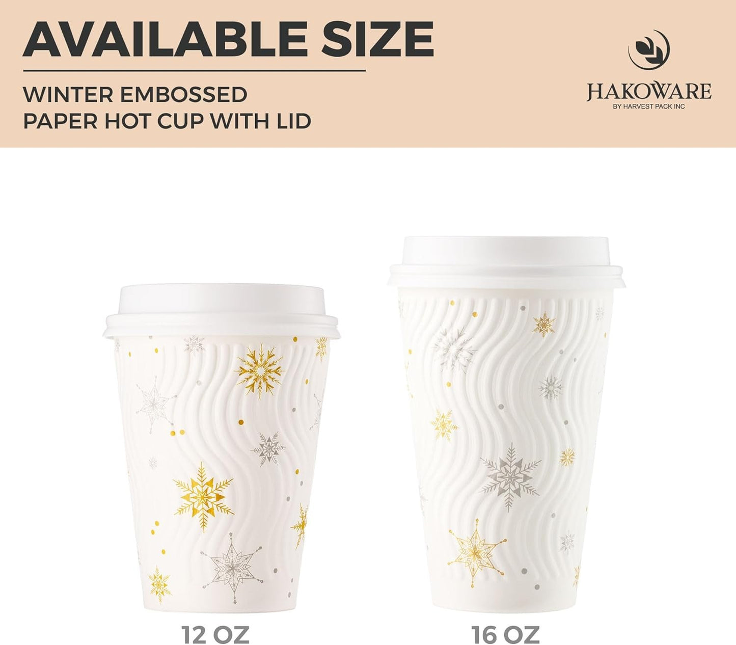 [100 CONJ] Copos de Café de Natal Harvest Pack 350 ml, Copos de Papel Descartáveis de Inverno com Flocos de Neve Brancos, com Parede Ondulada Isolada P