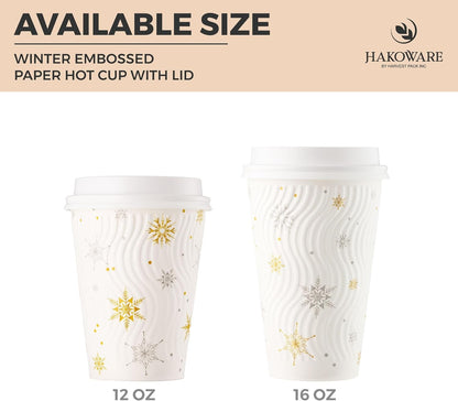 [100 CONJ] Copos de Café de Natal Harvest Pack 350 ml, Copos de Papel Descartáveis de Inverno com Flocos de Neve Brancos, com Parede Ondulada Isolada P