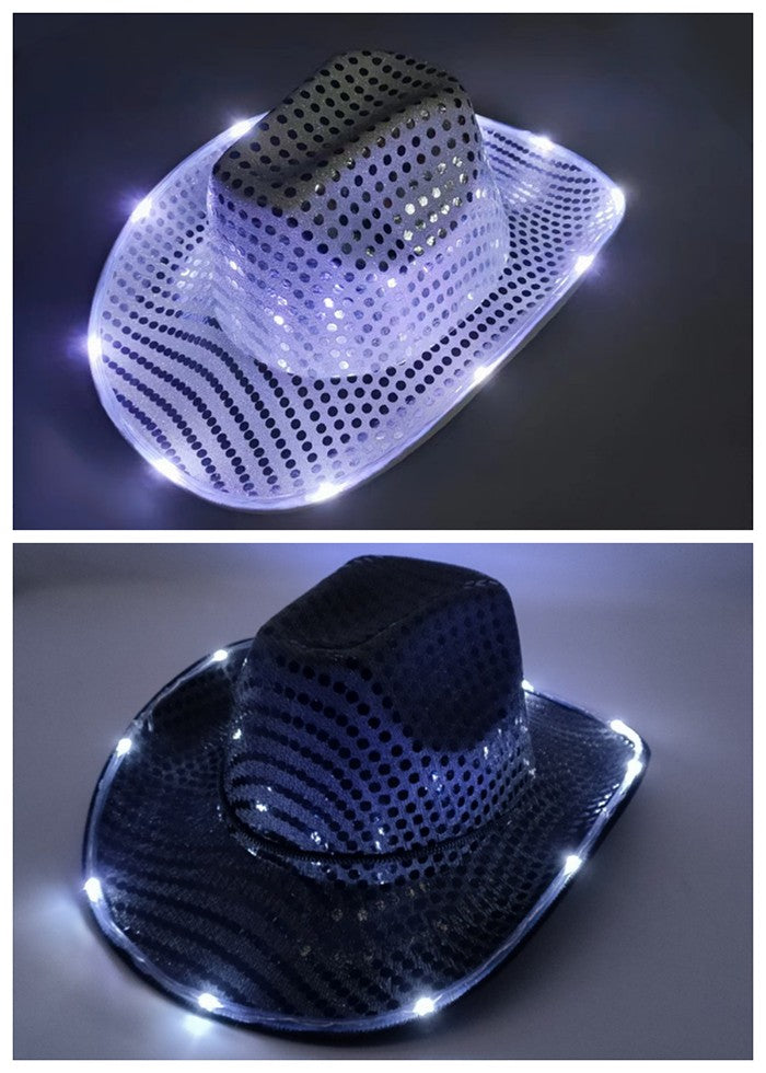 12/24/36/48pcs Light Up Cowboy Hat Silver Cowboy Hat Light Up Cowboy Hats Bulk Wedding for Dancing Party Led Hat Role Play Props