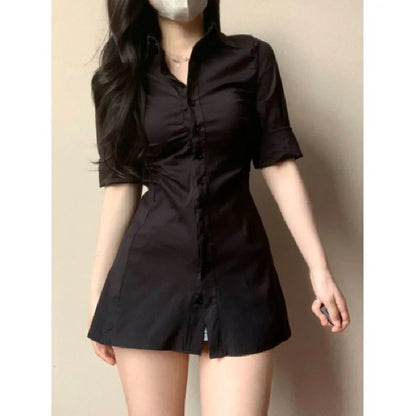 Pure Korean Style Slim Fit Shirt Dress Women's Waist Cinched Sexy Collar Design Mini Dress Fashionable Casual Workwear