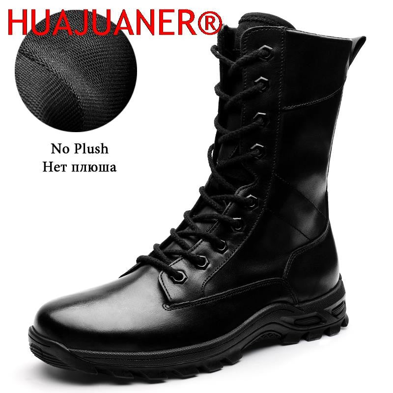 Botas de Couro Genuíno Masculinas de Cano Curto Botas Masculinas de Inverno de Couro com Pelo Quente para Exército Caça Sapatos Masculinos Botas Casuais Pretas