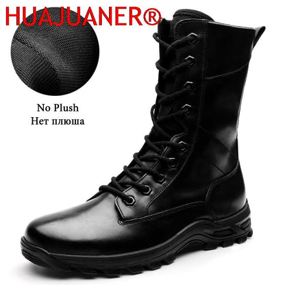 Botas de Couro Genuíno Masculinas de Cano Curto Botas Masculinas de Inverno de Couro com Pelo Quente para Exército Caça Sapatos Masculinos Botas Casuais Pretas