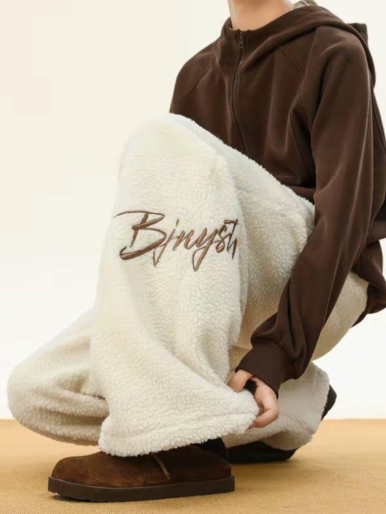 Women's Embroidered Flannel Sweatpants American Lamb Fleece Cotton Thickened Warm Couple Skiing Pants Autumn