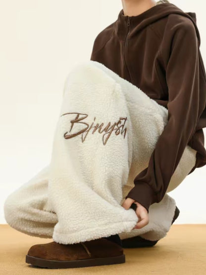 Women's Embroidered Flannel Sweatpants American Lamb Fleece Cotton Thickened Warm Couple Skiing Pants Autumn