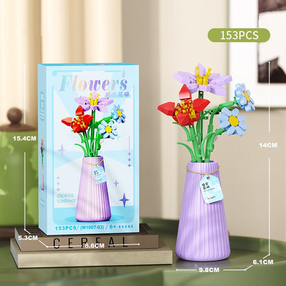 Flower Bouquet Building Blocks with Vase DIY Rose Sunflower Mini Bricks for Kids Birthday Party Favors Girls Gift Desktop Decor