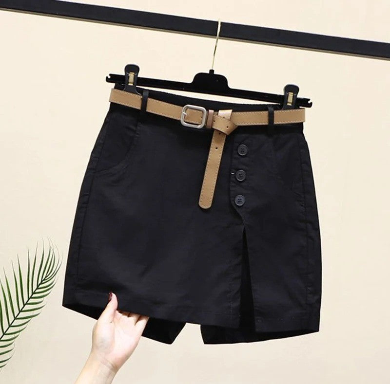Chic Shorts Women Belt Korean Solid Buttons Side Slit A-line Streetwear Fashion Skirts Chic Harajuku Summer Loose Pants