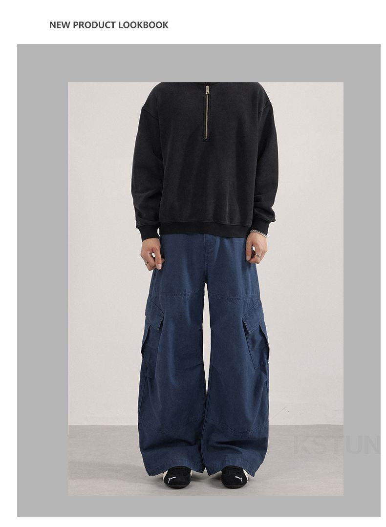 KSTUN 2025 Men Washed Vintage Cargo Pants 100% Cotton Loose Fit Oversize Multi-Pockets Trousers Blue Male Casual Scimitar Pants