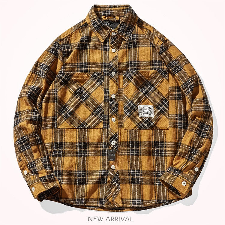 8112# Autumn New Japanese Retro Cargo Sueded Plaid Shirt Men's Fashion 100% Cotton Washed Old Pocket Long Sleeve Casual Blouses