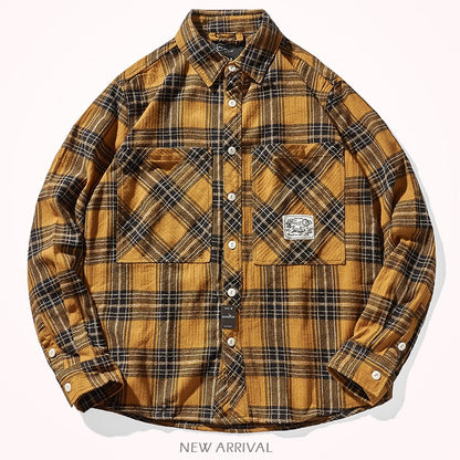 8112# Autumn New Japanese Retro Cargo Sueded Plaid Shirt Men's Fashion 100% Cotton Washed Old Pocket Long Sleeve Casual Blouses