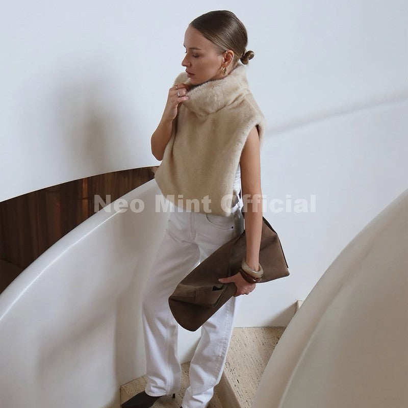 Neo Mint 2025 Brand Fashion Faux Fur Sable Vest Crop Top Autumn Winter Turtleneck Eco Mink Fur Tank Tops Sleeveless Jacket Coat