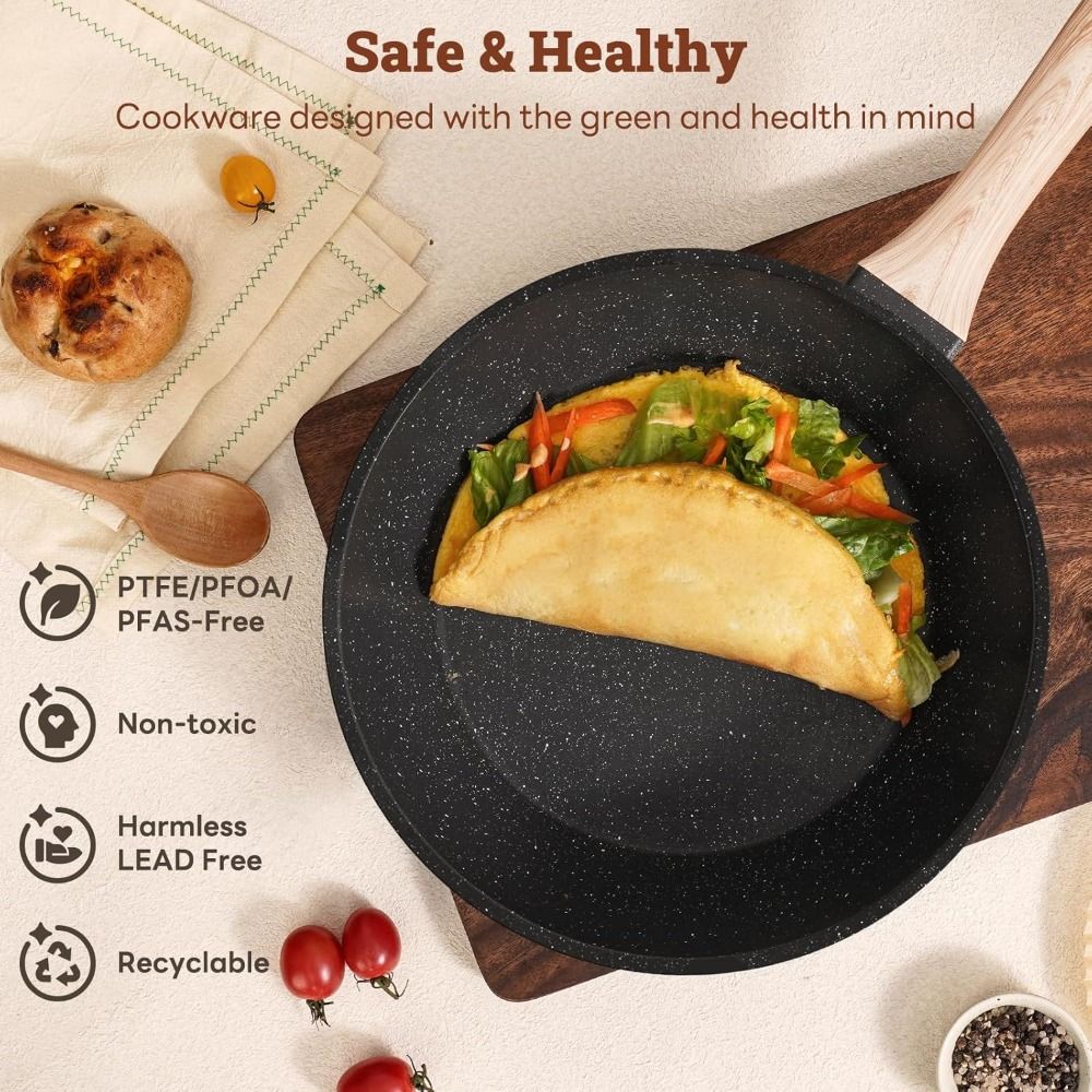Conjunto de 17 Panelas Antiaderentes para Cozinha, Conjunto de Utensílios de Cozinha Antiaderentes, Panelas de Indução Não Tóxicas, Ferramentas de Culinária de Granito Preto com