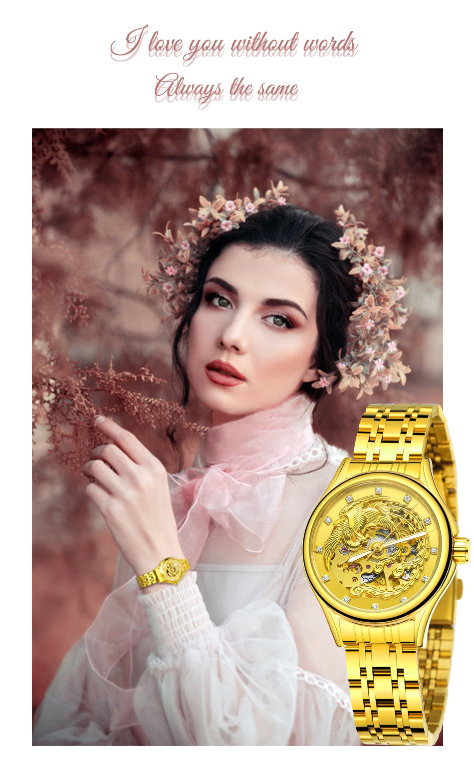 2024 Diamond Steel Skeleton Dial Golden Phoenix Women Fashion Automatic Watch Luxury Waterproof Mechanical Girl Wrist Lady Clock