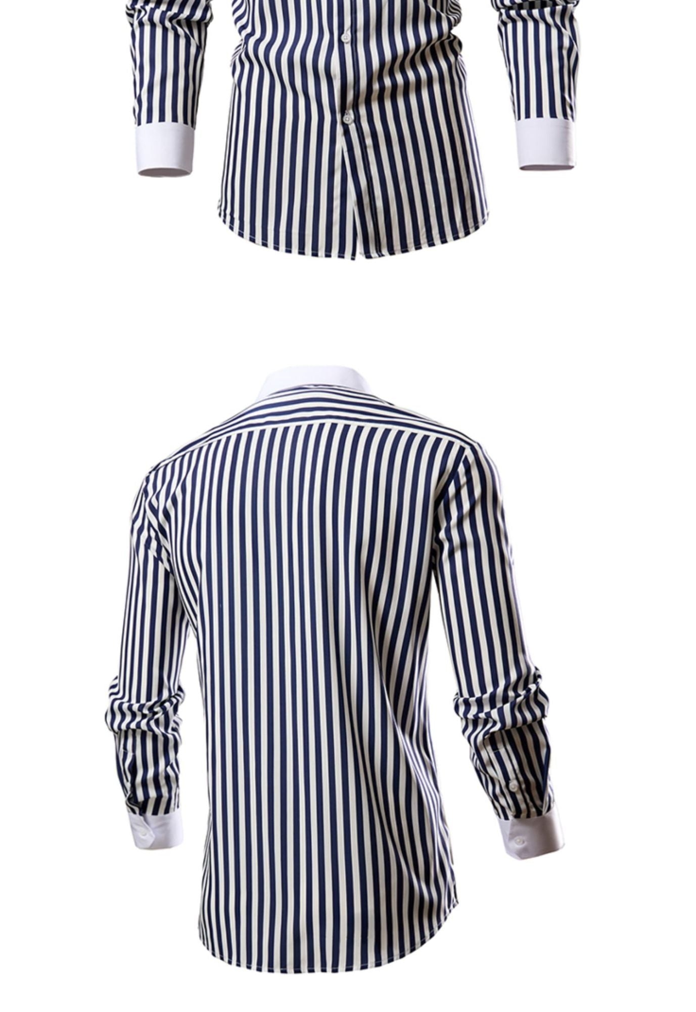 Men's White Vertical Stripe Long Sleeve Shirts, Single Breasted Lapel Shirt, Blue Gray Red Khaki Available, European Size S-XXL