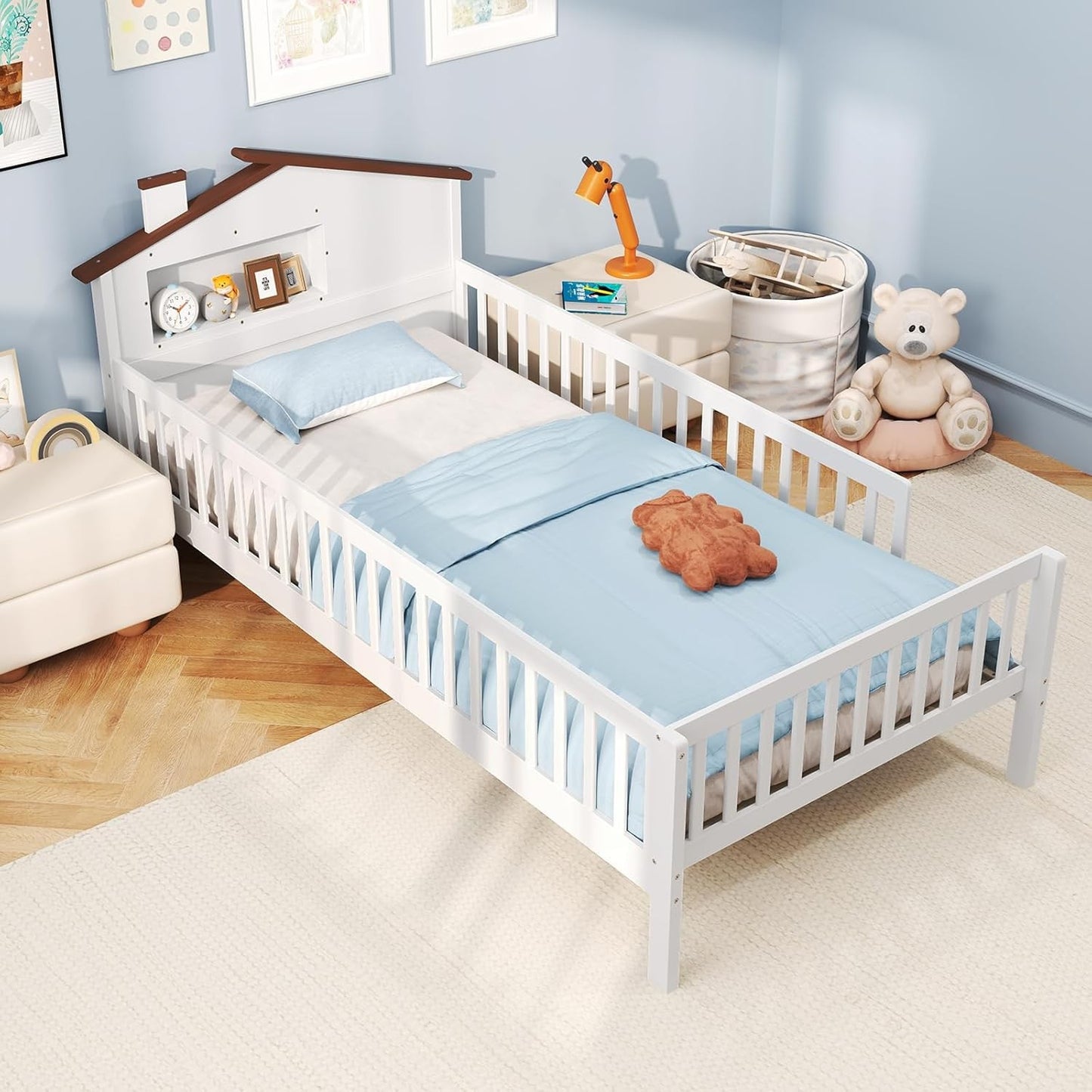 Twin Kids Bed Frame, Solid Wood Montessori Bed with Guardrails & House-Shaped Headboard, Built-in Storage Shelf, No Box