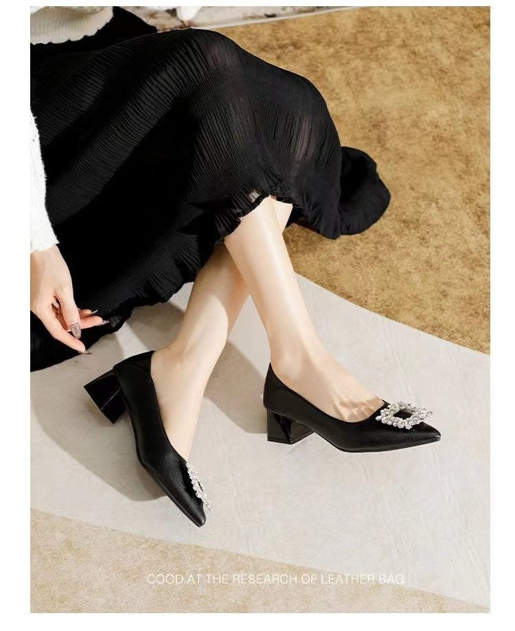 Women's Elegant Black Mid Block Heels Pumps with Crystal Rhinestone Pointed Toe Dress Shoes
