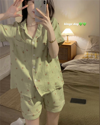 Women's Pajamas Set Foam Cotton Sleepwear Button down Tops and Shorts Pajama 2 Piece Suit Femme Nightwear Loungewear for Summer