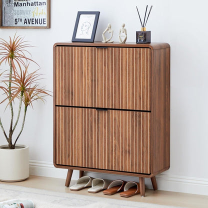 Slim Walnut Shoe Cabinet with Fluted Design and Dual Flip Drawers for Entryway Storage