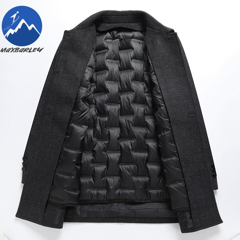 Maxbarley Winter Down Coat Lightw Luxurious Detachable Lining Working Cold Proof Overcoat Mens Mid Length Warm Woolen Trench