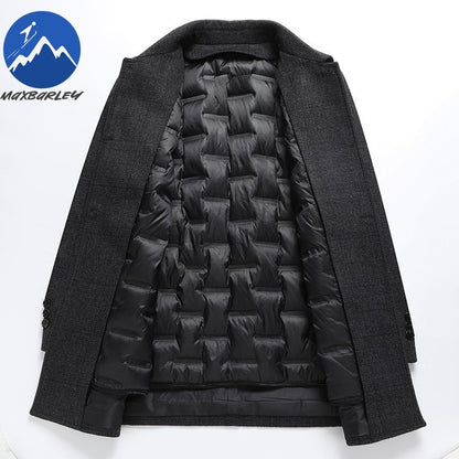 Maxbarley Winter Down Coat Lightw Luxurious Detachable Lining Working Cold Proof Overcoat Mens Mid Length Warm Woolen Trench