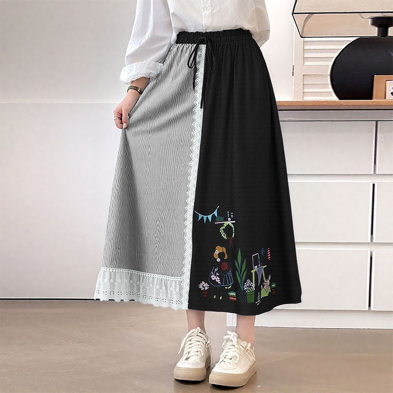 ZANZEA Plus Size Women Skirts Denin-Like Striped Patchwork Lace Trim Detail Lace-Up Elastic Waist A-Line Midi Skirt Casual Chic
