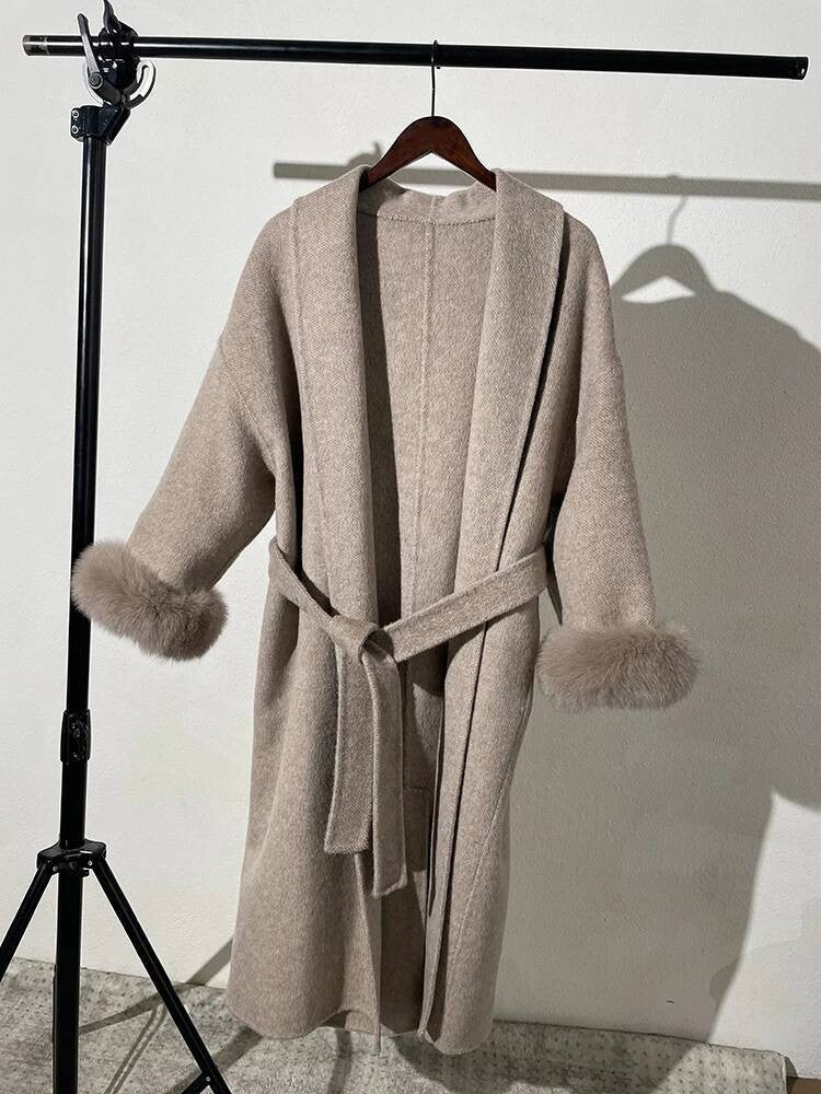 [EWQ] Wool Fox Fur Sleeve Women Coat Elegant Clothing Autumn 2025 Winter Double-sided Jacket Big Size Wine Red Overcoats 16O2751