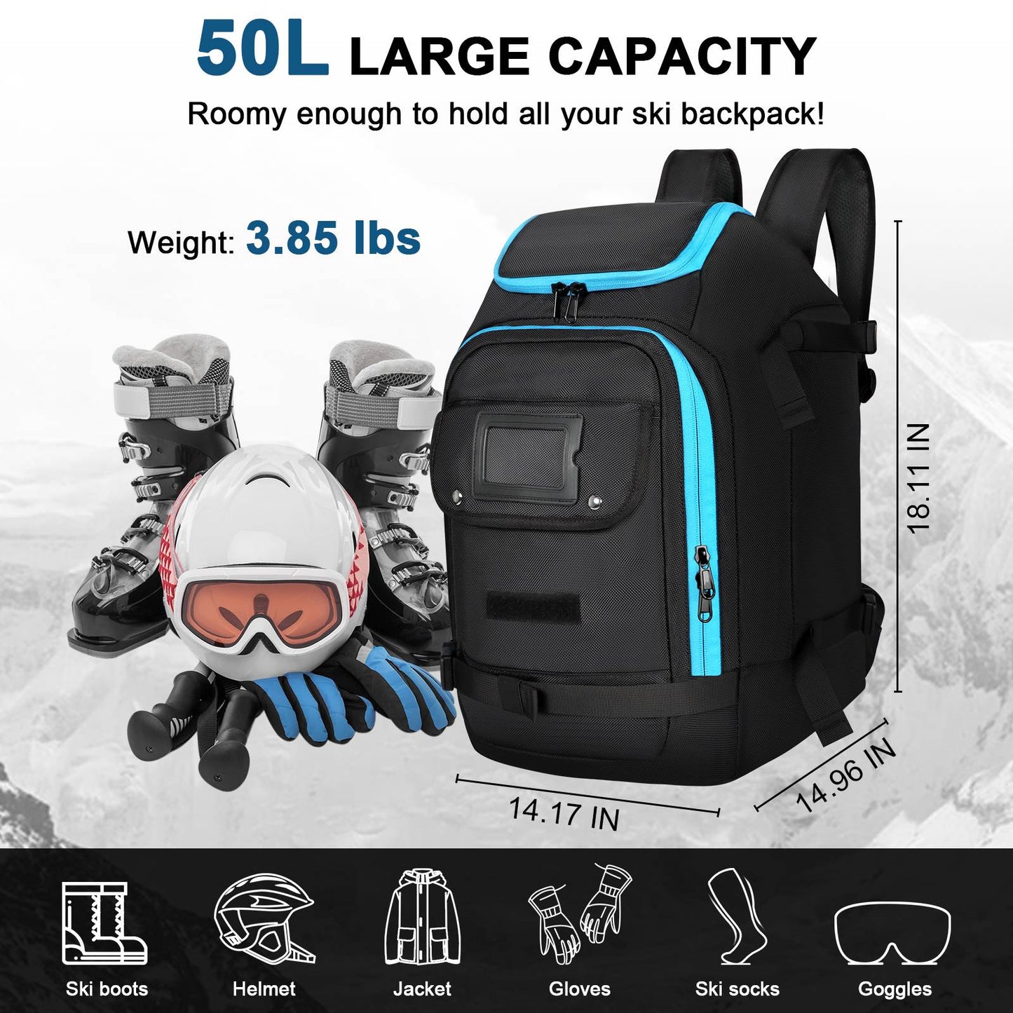 Large Capacity Ski Boot Bag for Men Women 50L Ski Travel Backpack Waterproof Skiing Boot Backpack for Snowboard Gear Accessories