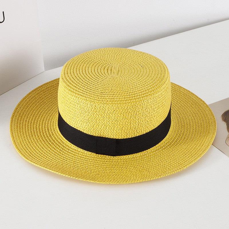 Chapéu de Sol Unissex de Verão com Topo Plano para Mulheres e Homens, Cor Sólida, Aba Larga, Fita Preta, Chapéu de Palha de Praia Dobrável, Bonés Frescos para Férias