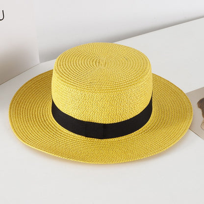 Chapéu de Sol Unissex de Verão com Topo Plano para Mulheres e Homens, Cor Sólida, Aba Larga, Fita Preta, Chapéu de Palha de Praia Dobrável, Bonés Frescos para Férias