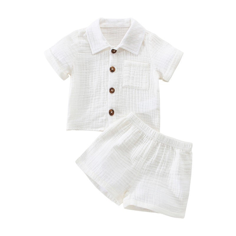 Cotton Linen Casual Toddler Baby Boys Summer Outfits Solid Short Sleeve Pocket Button Down Lapel Shirt + Shorts 2PCS Clothes Set