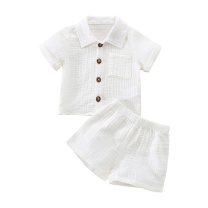 Cotton Linen Casual Toddler Baby Boys Summer Outfits Solid Short Sleeve Pocket Button Down Lapel Shirt + Shorts 2PCS Clothes Set