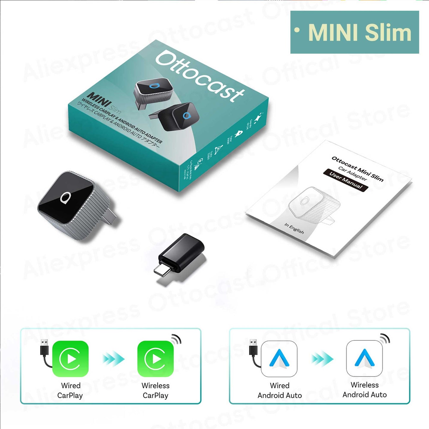 Adaptador OTTOCAST Mini Slim Cube sem fio para CarPlay e Android Auto, 2 em 1, USB, acessórios inteligentes para carro VW Haval Audi Kia Porsche Lexus