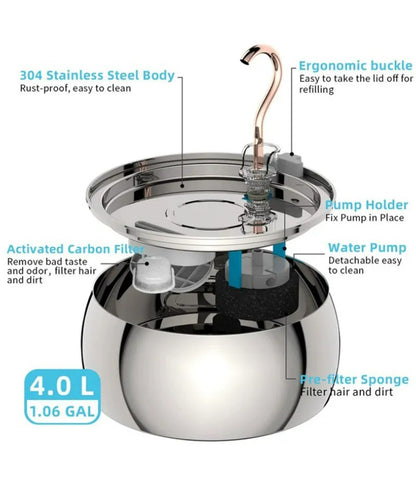 Bebedouro Inteligente para Pets, Fonte de Aço Inoxidável, Bebedouro Automático com Circulação para Gatos, Alimentador Silencioso 4L, Pescoço de Cisne