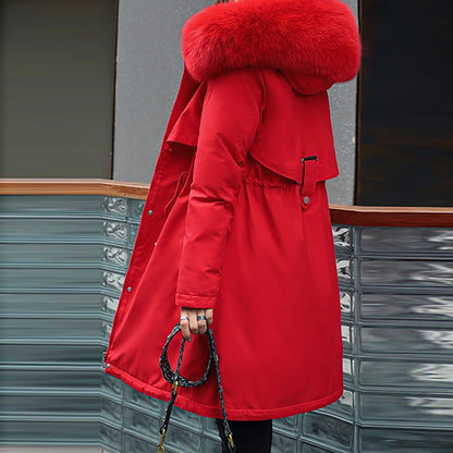 Ladies' Casual Warm And Versatile Large Fur Collar Solid Color Thick Cotton Coat Jacket For Outdoor Daily Wear
