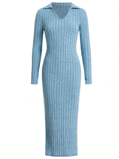 Spring and summer 2024 new style knitted slim lapel long sleeve dress pit strip solid color tight skirt