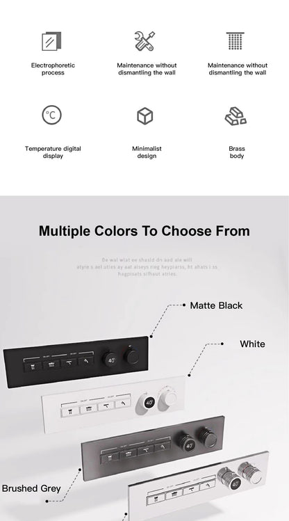 Luxury gun gray brass thermostatic shower system wall mounted LED digital display hot and cold water bathroom embedded faucet