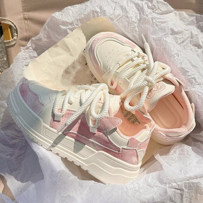 New Fashion Versatile Simple White Shoes Round Toe Thick Sole Lace Up Cute Lightweight Slim Casual Sports Shoes for Women